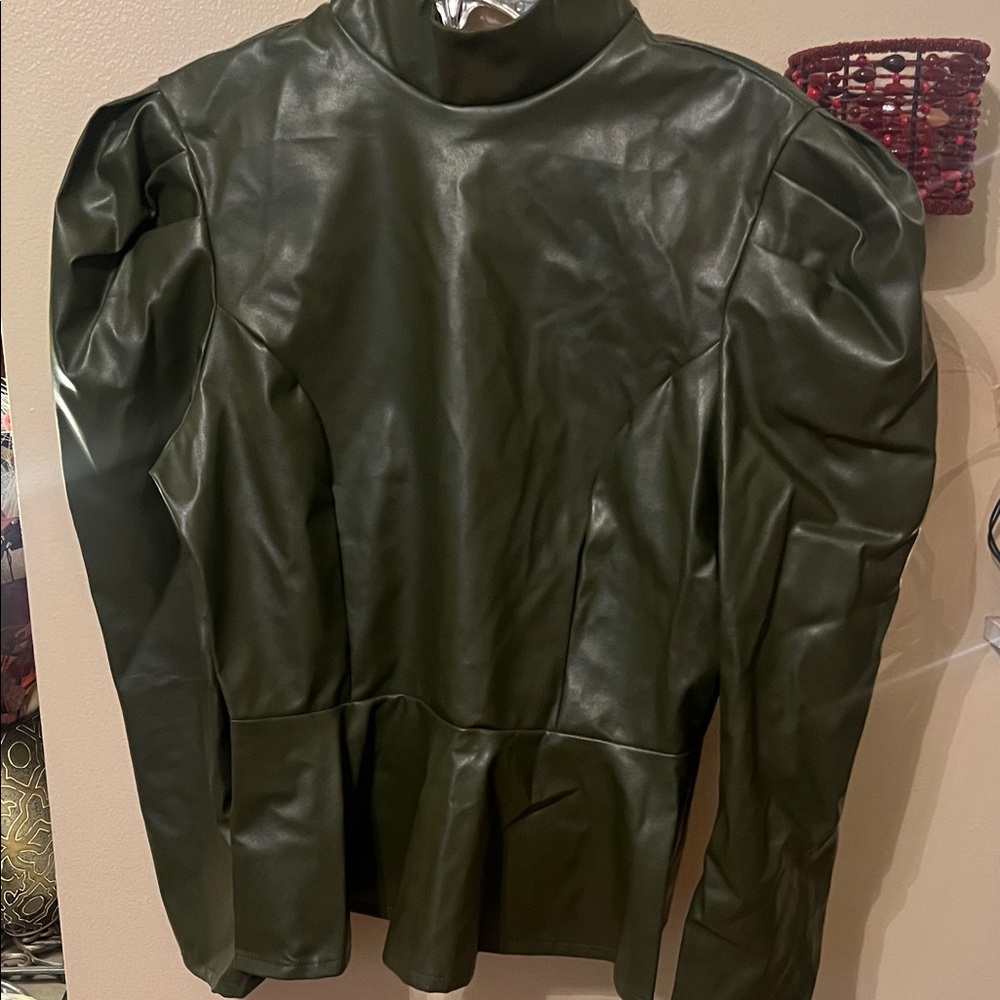 Olive Green Color Faux full Zipper Back Long puffy Sleeved Collared Top size L